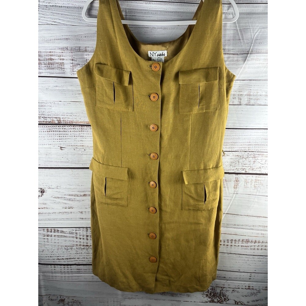NY Sake Linen Blend Dress Womens 12 Green Midi Sleeveless Button Front
